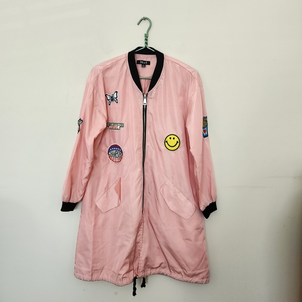 Y2K 36.5 Pink Longline Bomber Jacket with Patches Womens S Windbreaker Retro